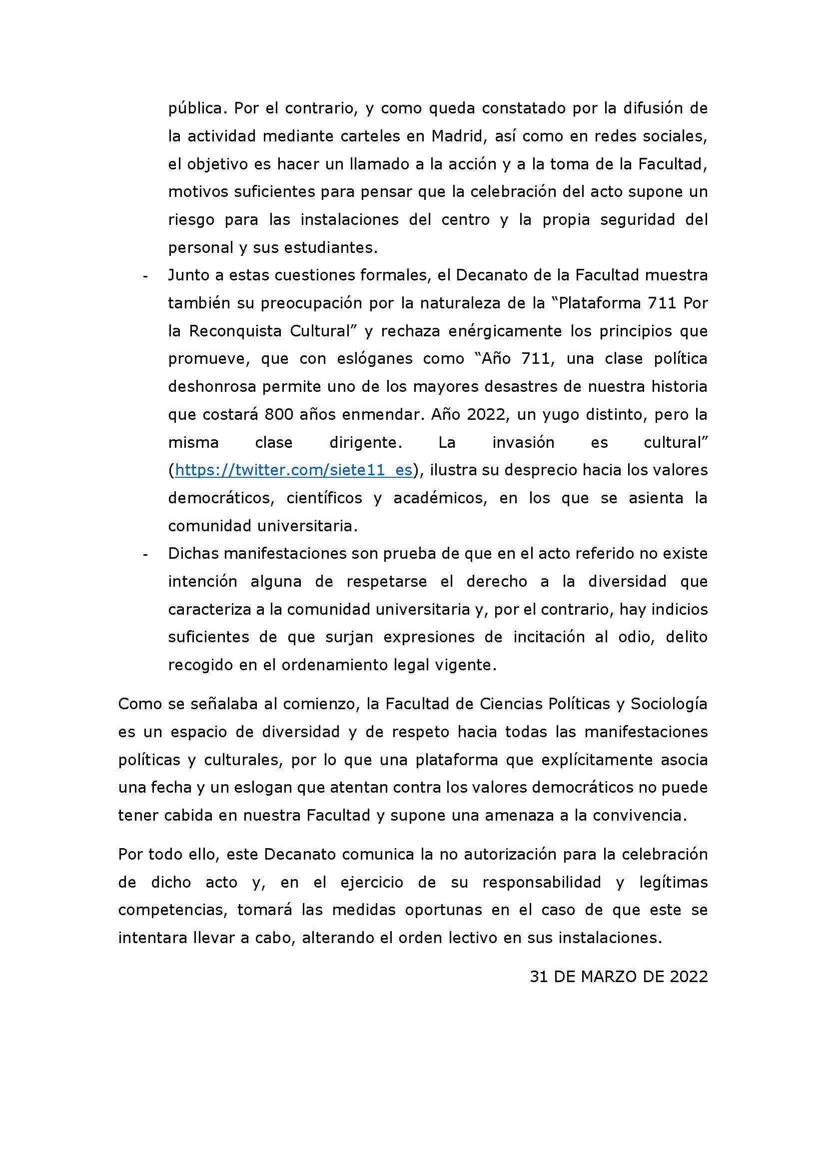 COMUNICADO DE LA FACULTAD DE CIENCIAS POLÍTICAS Y SOCIOLOGÍA DE LA UNIVERSIDAD COMPLUTENSE DE MADRID - 2